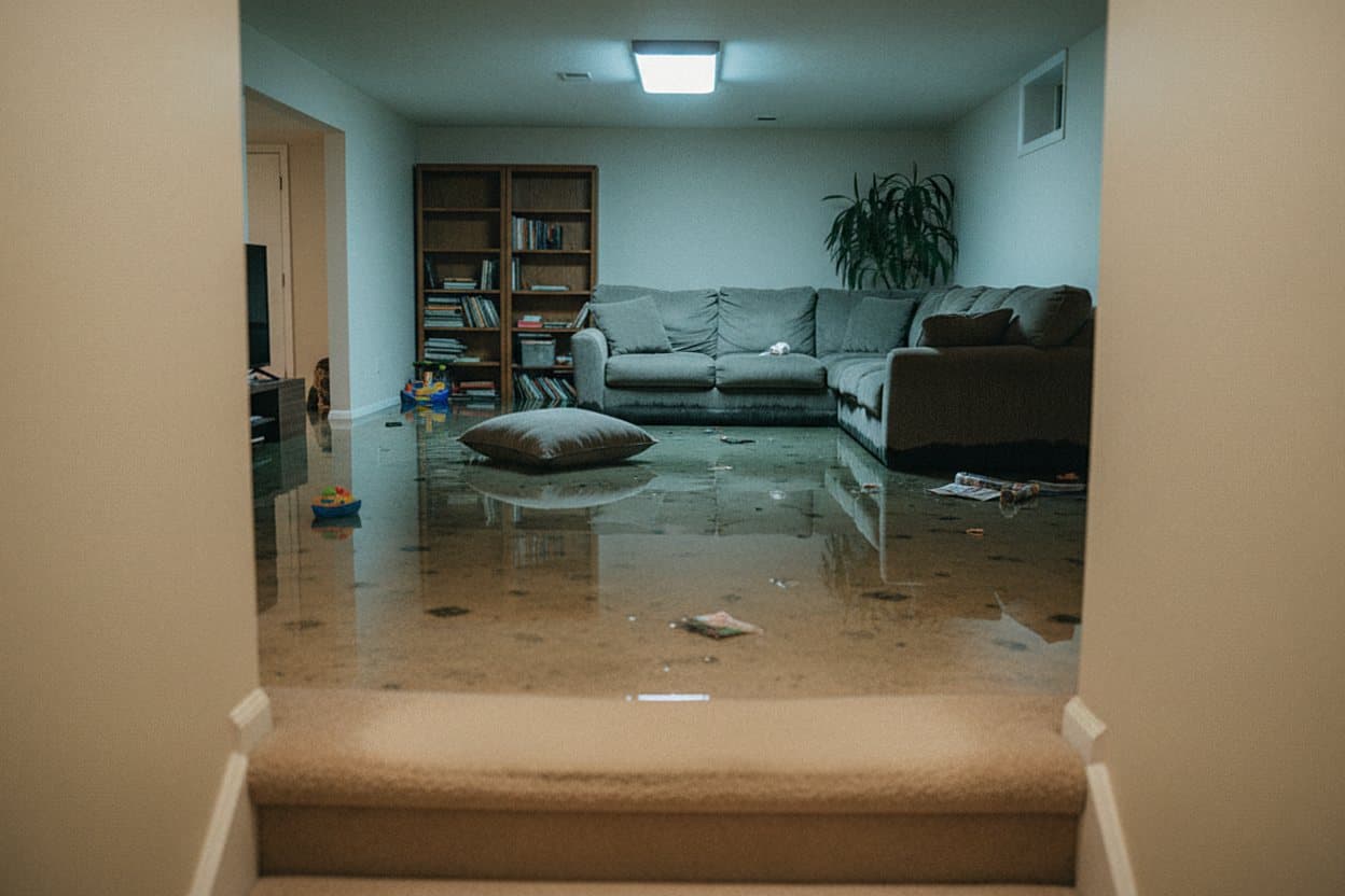 Basement submerged with standing flood water