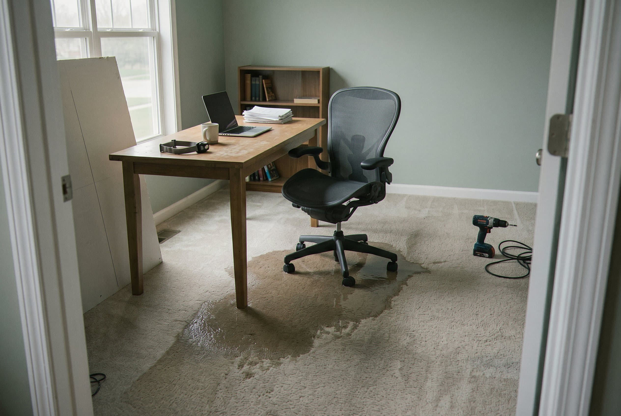 Saturated dark wet carpet throughout room