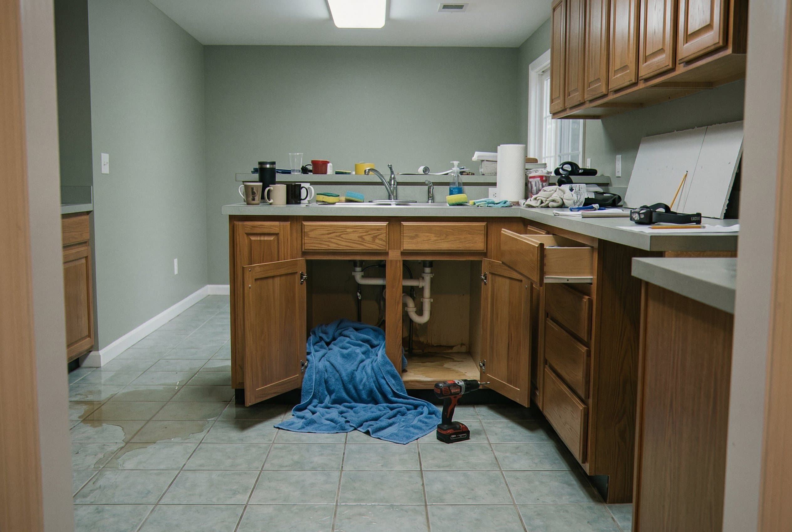 Kitchen cabinet with active water pipe leak