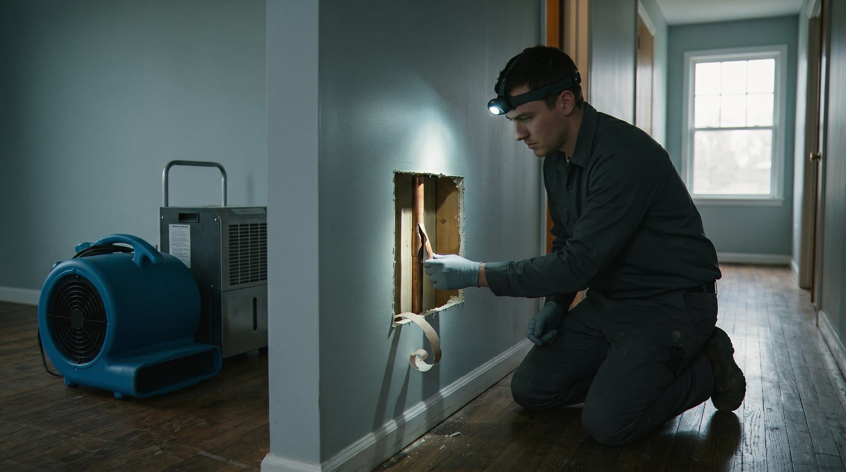 Technician inspecting burst pipe damage basement