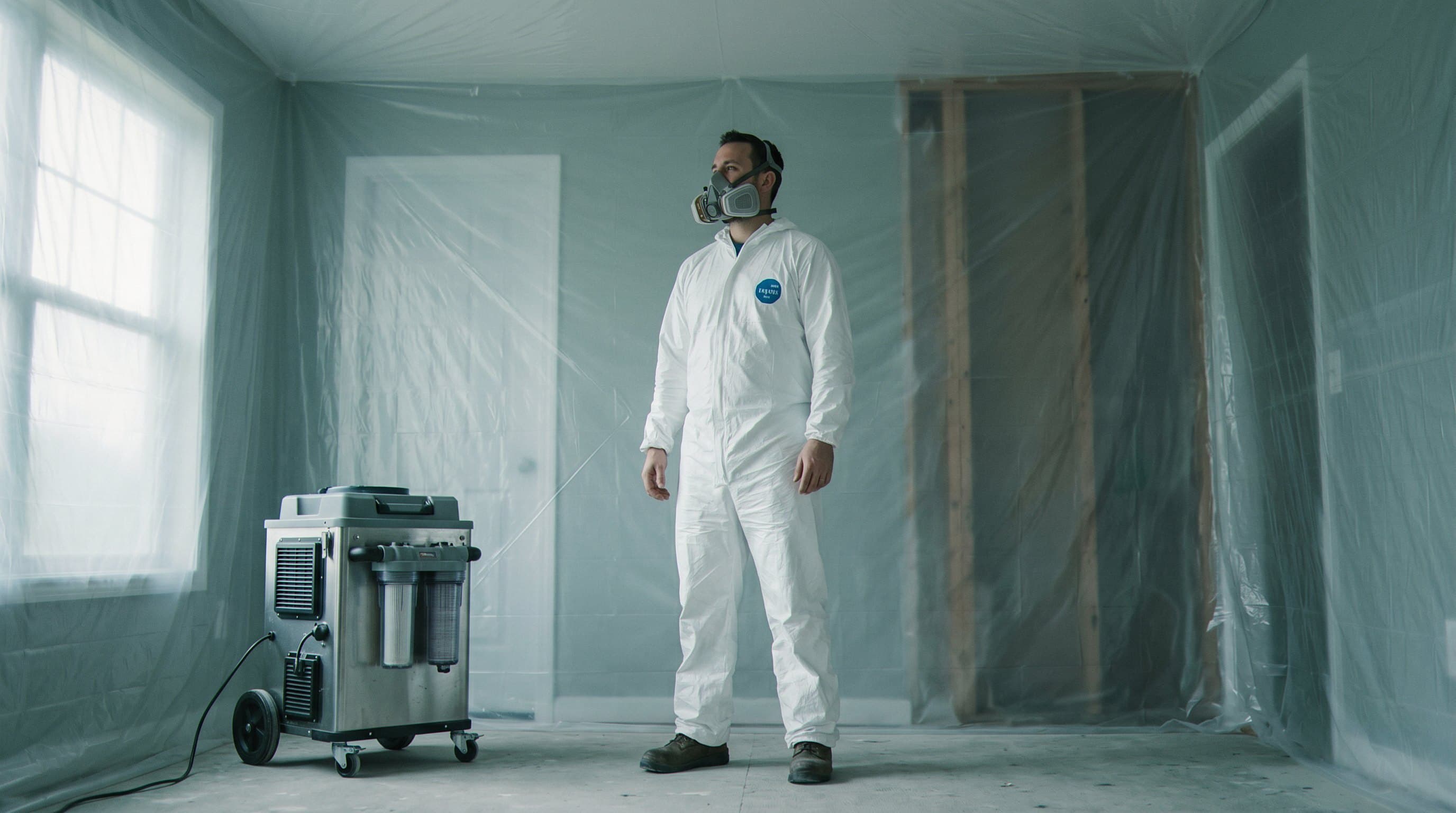 Technician in suit scrubbing mold remediation