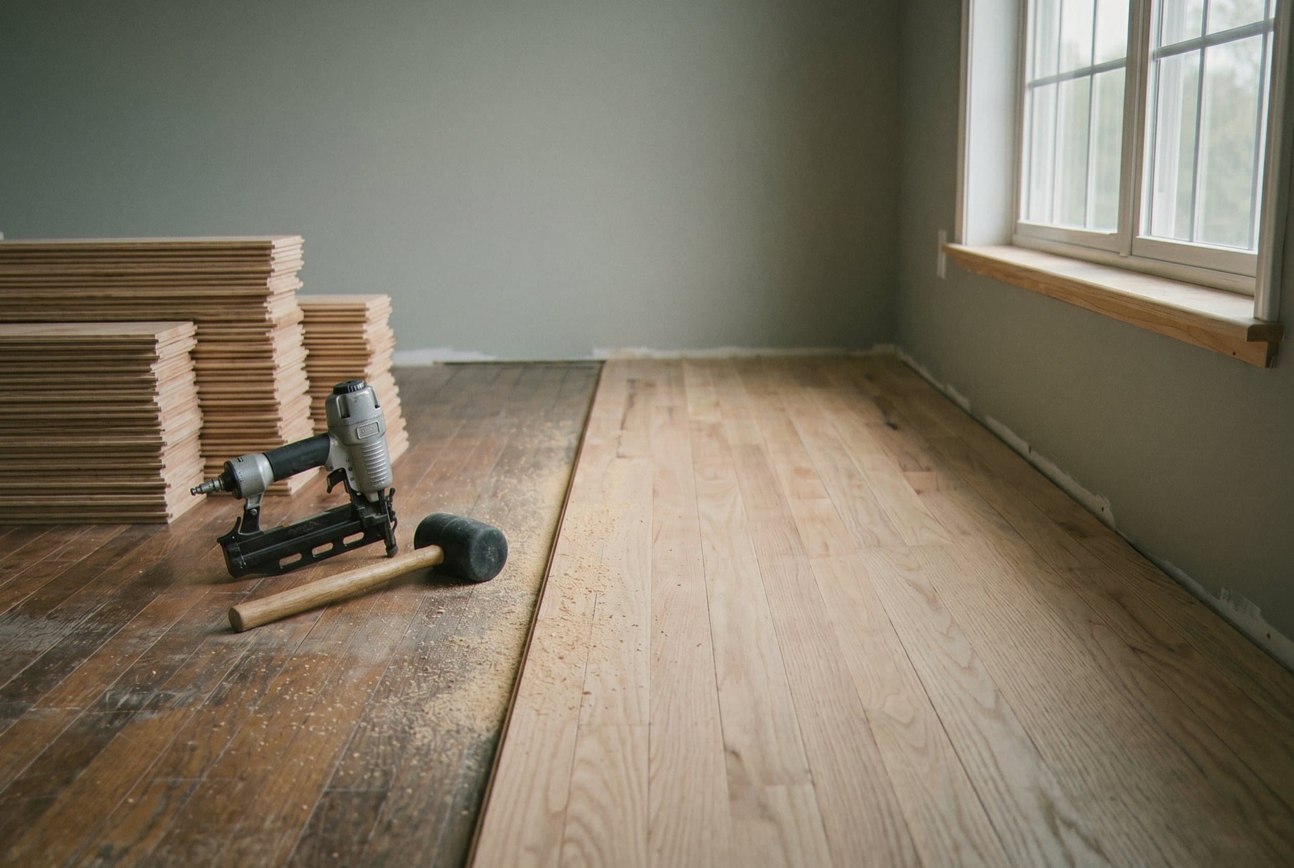 Drywall installation tools and materials setup