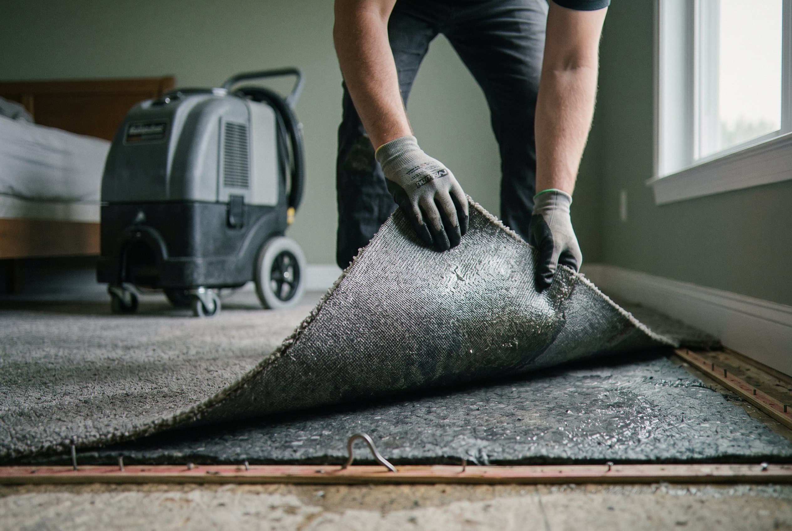 Technician extracting water flooded floor