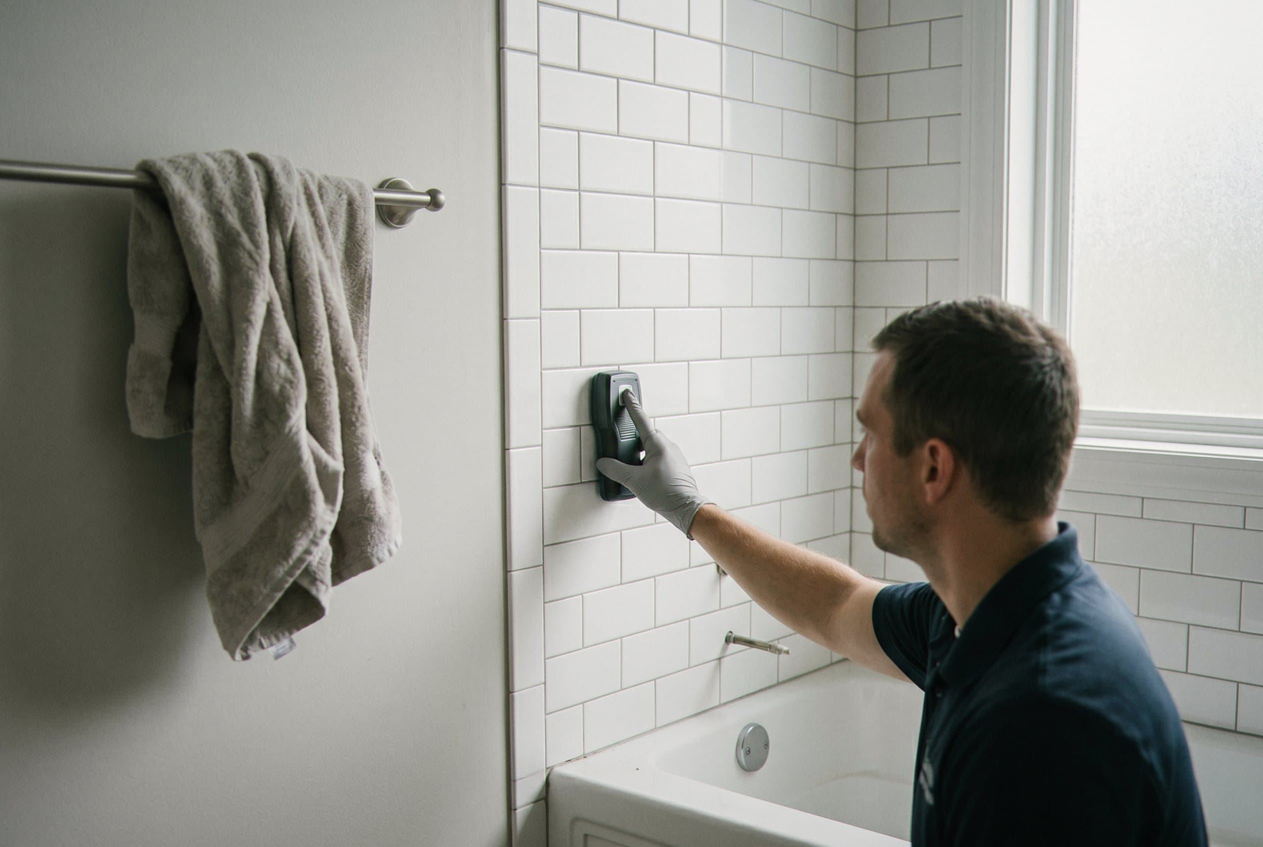 Technician tracing leak source with equipment